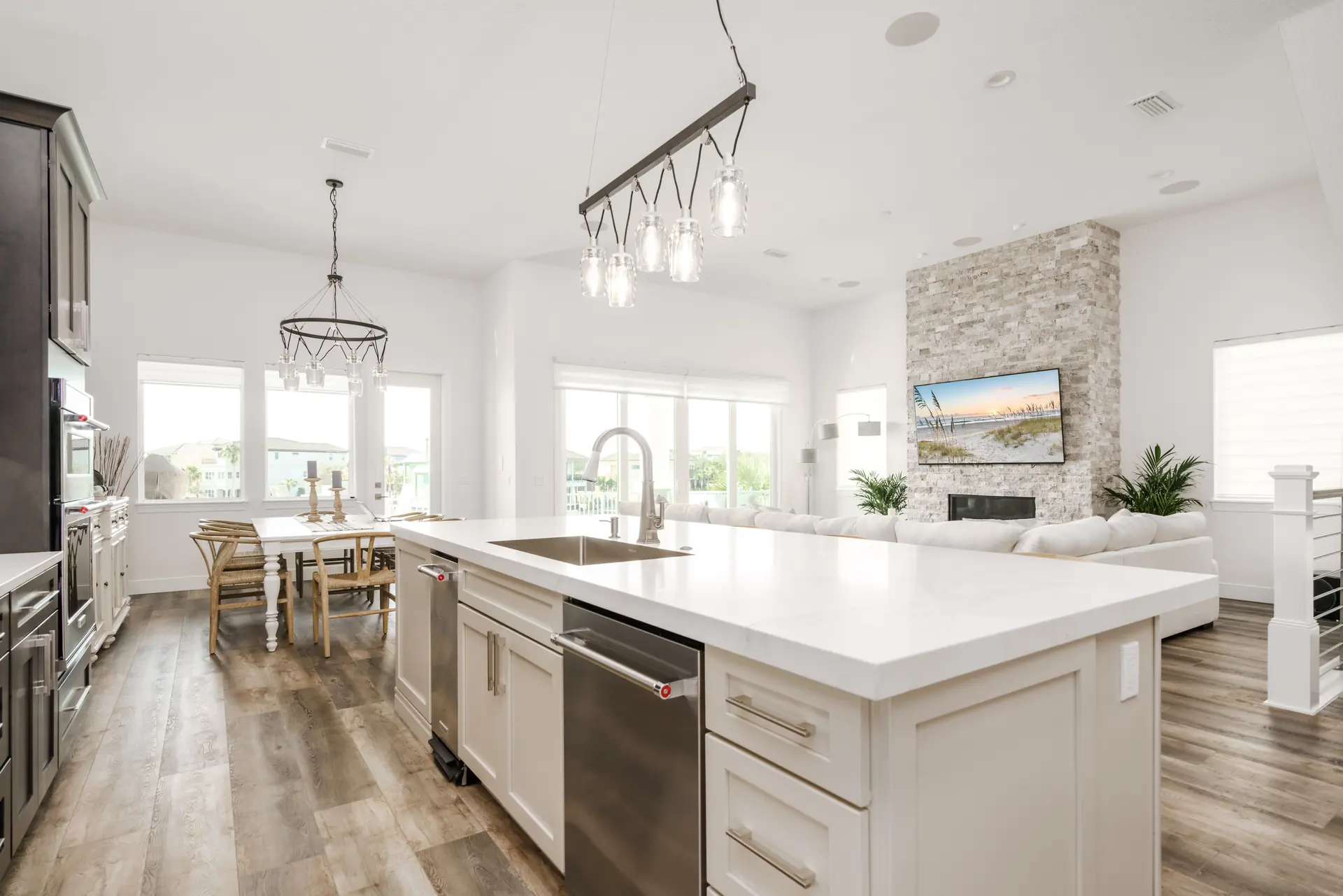 Custom kitchen with oversized island and open living area