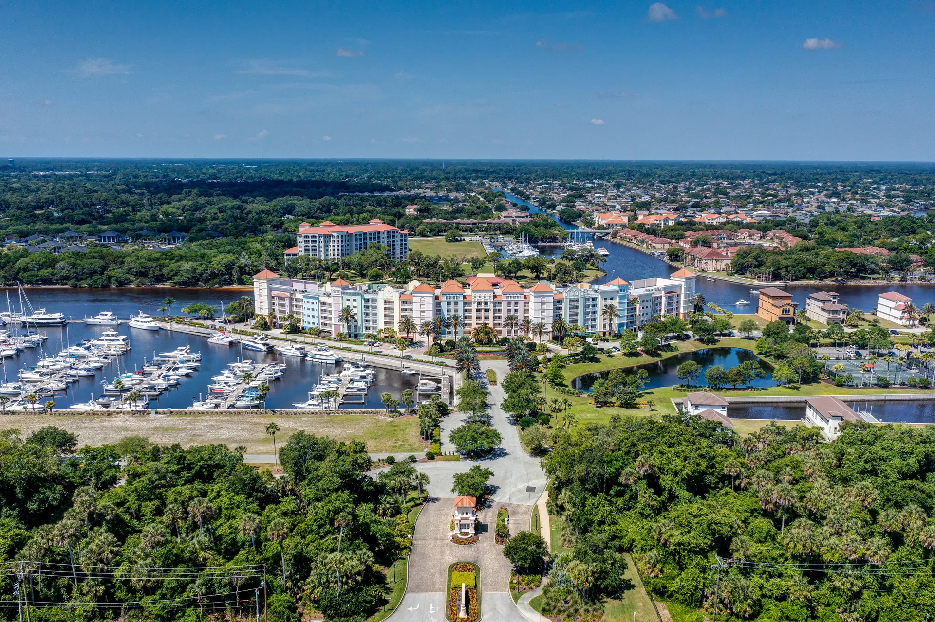 Aerial view of the coastal community surrounding a custom residence