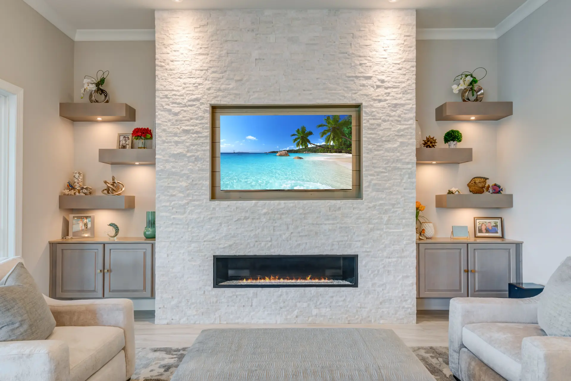 Contemporary fireplace wall with integrated display shelving